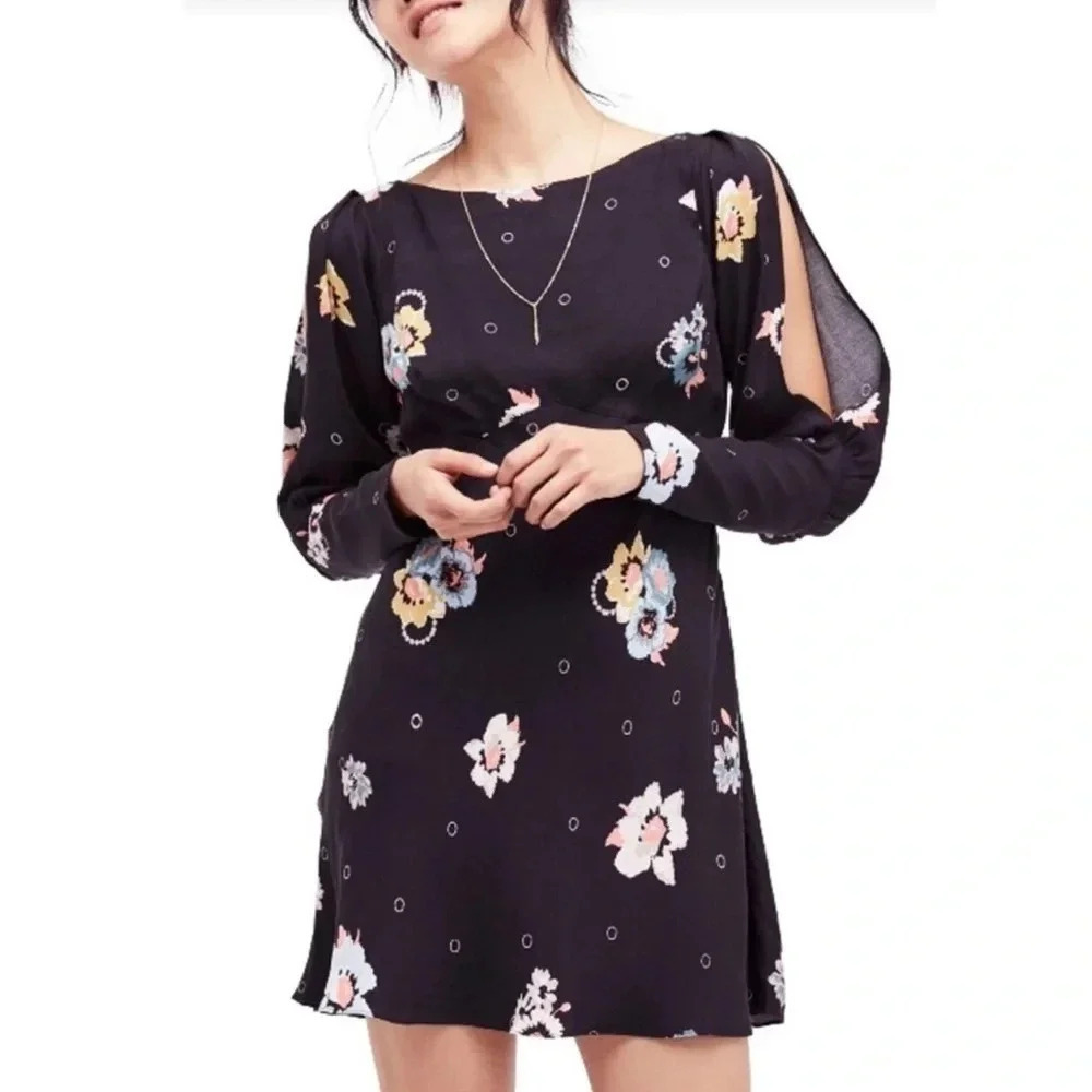 Free People Black Floral Sunshadows Slit Sleeve Mini Dress Size 0